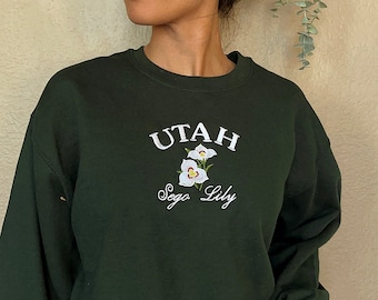 Utah Sego Lily Flower Embroidered Unisex Sweatshirt, Vintage Inspired Crewneck