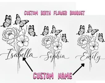 Personalized Birth Flower Bouquet Tattoo Design: Custom Minimalist Floral Line Art (Digital File)