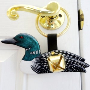 Loon Leather Bell Door Hanger with Brass Plated Bell, Door Decor, Bird Decor, Home Decor, Sleigh Bell