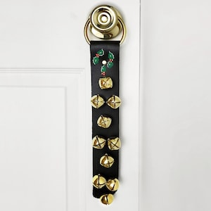 Holly 10 Bell Leather Door Strap with Brass Plated Bells, Sleigh Bells for Door, Bell Door Hanger, Christmas Door Decor, Door Knob Hanger