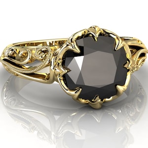 Black Diamond Engagement Ring | 3 Carat Natural Black Diamond | Black Diamond Anniversary Ring | Cushion Cut Black Diamond | Yellow Gold