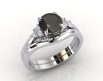 Solid Platinum Women's Black Diamond Engagement Ring And Wedding Band, Classic Diamond Ring, Natural Diamond Accents