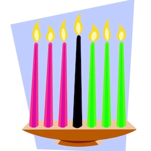 May include: Seven candles on a wooden base, three pink, one black, and three green. The candles are lit with yellow flames.
