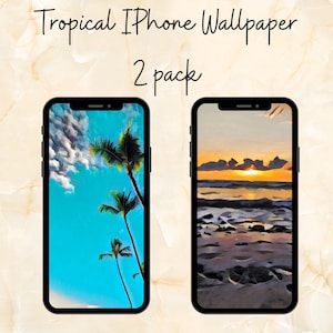 Tropical Views Themed IPhone Wallpaper | Pack of 2 PNG Instant Digital Download | Original Artwork Palm Tree and Sunset