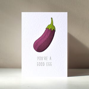 Buen huevo - Tarjeta de felicitación personalizada tamaño A6 con forma de berenjena, verdura sabrosa, fruta, emoji, juego de palabras, aniversario, día de San Valentín, amor, cumpleaños