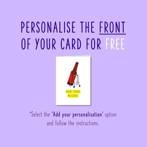 May include: A greeting card with a cartoon illustration of a bottle of beer on a walker. The card has a yellow banner that says "Your Front Message".