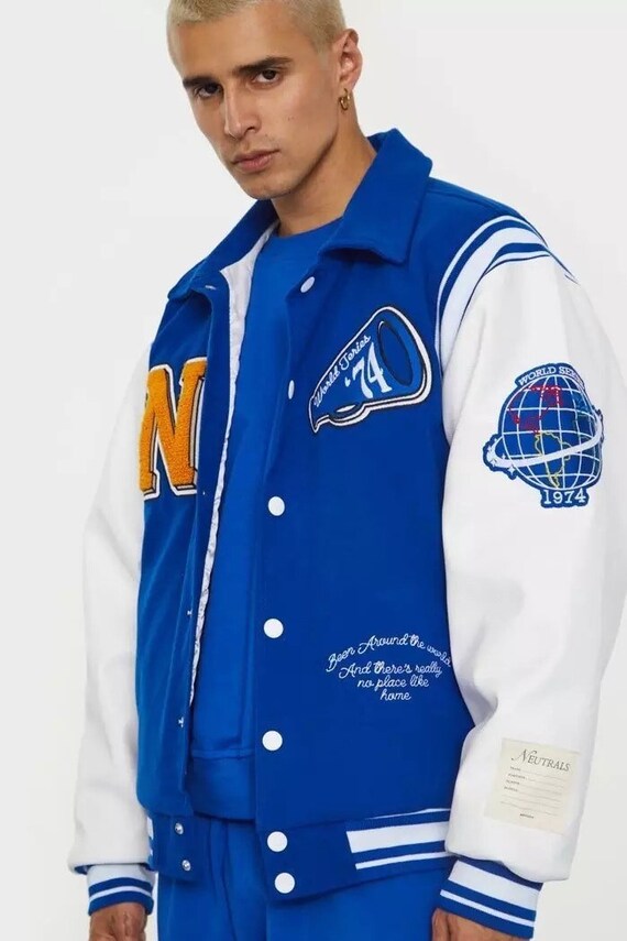 Varsity Blues Neutrals Blue Mens Embroidered Bomber Jacket | Etsy