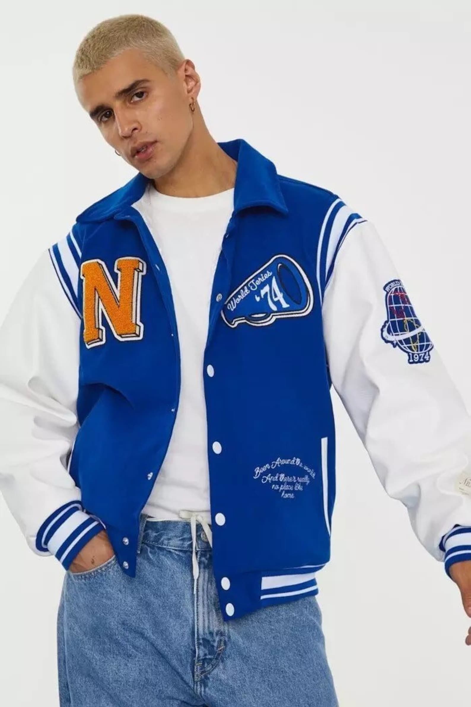 Varsity Blues Neutrals Blue Mens Embroidered Bomber Jacket | Etsy