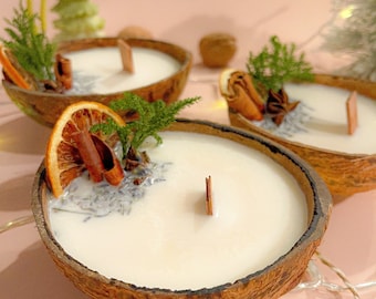 Vela perfumada de cáscara de coco y cera navideña con mecha de madera
