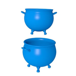 Op de afbeelding: Twee blauwe ketels met handvatten en drie poten elk. De bovenste ketel is leeg en de onderste ketel is vol.