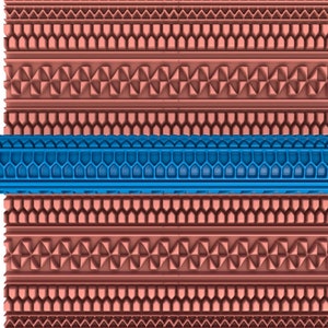 May include: A blue rolling pin with a honeycomb pattern. The rolling pin is positioned over a red patterned surface with multiple designs.