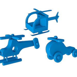 May include: Three blue toy helicopters. Two of the helicopters have a single rotor blade and the third helicopter has a dual rotor blade.