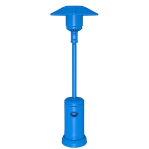 May include: A blue patio heater with a round base and a tall, slender pole. The heater has a circular, umbrella-shaped top.