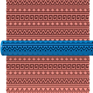 May include: A blue and white patterned rolling pin with a textured surface. The rolling pin is used to create decorative patterns on baked goods.