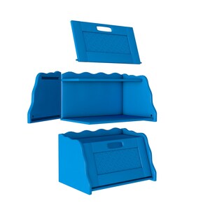 May include: A blue bread box with a scalloped edge and a hinged lid. The lid is open and the bread box is empty.