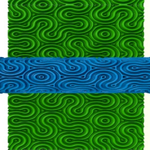 May include: A blue and green textured roller for creating a decorative pattern on walls or other surfaces. The roller has a repeating pattern of circles and swirls.