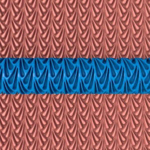 May include: A blue and white textured paint roller with a repeating pattern of teardrop shapes. The roller is shown rolling over a surface with the same pattern, creating a textured effect.