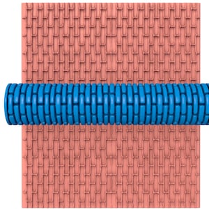 May include: Blue rolling pin with a brick pattern, designed for creating embossed designs on fondant or dough. The rolling pin is shown on a pink textured surface with a matching brick pattern.