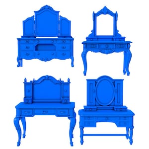 Puede incluir: Cuatro tocadores antiguos azules con detalles ornamentados. Los tocadores presentan espejos decorativos, cajones y patas curvas. Los diseños varían, incluyendo espejos triples y espejos ovalados, mostrando una gama de estilos clásicos.