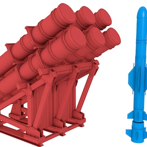 May include: A red missile launcher with four missiles and a blue missile.