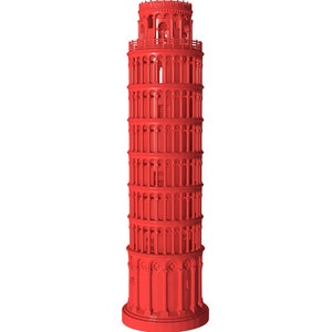 May include: A red model of the Leaning Tower of Pisa. The tower is made of plastic and has a detailed design.