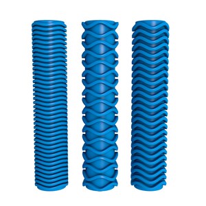 May include: Three blue foam rollers with different textured surfaces. The rollers are all the same size and shape.