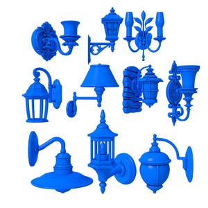 Pode incluir: Uma coleção de arandelas de parede azuis para exteriores em vários estilos. Os designs incluem arandelas, lanternas e lâmpadas com elementos decorativos. As luminárias são renderizadas em uma cor azul sólida sobre um fundo branco.