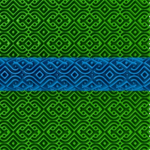 May include: A blue rolling pin with a geometric pattern. The rolling pin is used to create decorative patterns on baked goods.