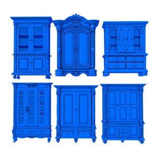 May include: Six blue antique-style cabinets are displayed against a white background. The cabinets vary in design, including glass-fronted cabinets, cabinets with drawers, and tall armoires. Each cabinet has ornate detailing.