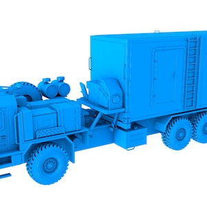 May include: A blue military truck with a large blue cargo container. The truck has a ladder on the side of the container and a large antenna on the cab.