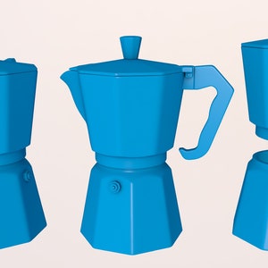 Könnte beinhalten: Eine blaue, metallene Espressomaschine für den Herd mit einem Griff und einem separaten Deckel. Die Espressomaschine ist zerlegt und zeigt den unteren und oberen Teil.