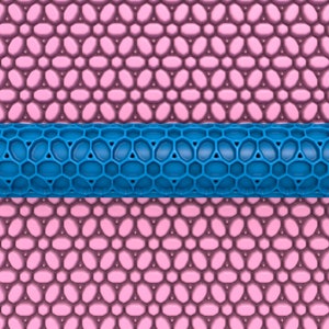 May include: A blue rolling pin with a geometric pattern, rolling over a pink surface with a matching pattern.
