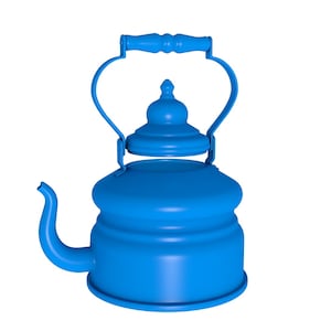 Puede incluir: Una tetera de metal azul con tapa y asa. La tetera tiene un cuerpo redondeado y un pico.