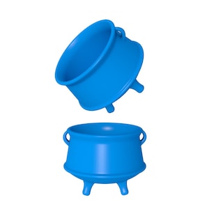 Op de afbeelding: Twee blauwe keramische potten met elk drie poten. De bovenste pot staat ondersteboven.