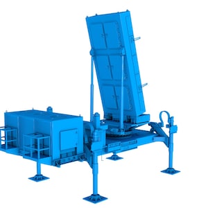 May include: A blue radar system with a large, flat antenna mounted on a rotating base. The system is mounted on a set of legs and has a smaller, rectangular box attached to the side.