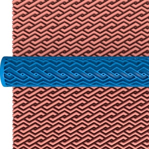 May include: A blue patterned roller is positioned over a textured, salmon-coloured surface. The roller has a repeating wave-like design. The background is white.