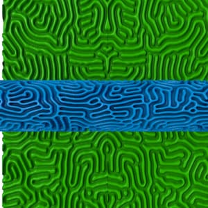 May include: A blue cylindrical object with a patterned surface is positioned between two green rectangular panels. The panels and the cylinder have a similar organic, maze-like design. The background is white.