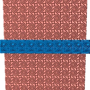 May include: A blue patterned rolling pin rests on a pink surface with a repeating swirl design. The rolling pin has a textured surface with a repeating geometric pattern. The background has a similar pattern in a darker shade of pink.