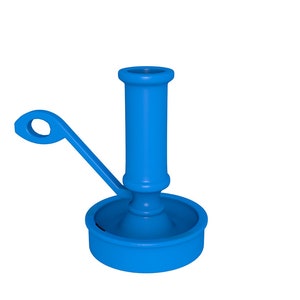 Puede incluir: Un claxon de bicicleta de plástico azul con un asa. El claxon tiene una base redonda y un tubo largo y cilíndrico.