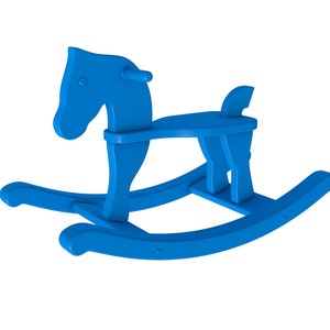 May include: A blue wooden rocking horse toy. The horse has a saddle and stirrups. The rocking base is made of wood and has a smooth, rounded shape.