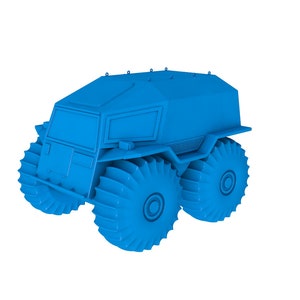 Puede incluir: Un vehículo de juguete azul con ruedas grandes, que se asemeja a un vehículo todoterreno.