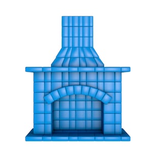 May include: A blue tiled fireplace with a chimney. The fireplace is made of small, square tiles.