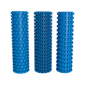 May include: Three blue foam rollers with different textures. The roller on the left has a bumpy texture, the middle roller has a circular texture, and the roller on the right has a bumpy texture.