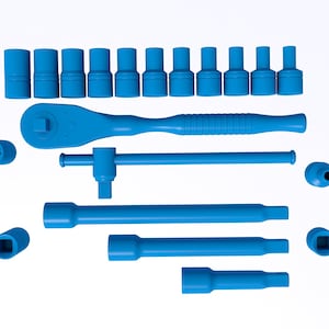 May include: A set of blue mechanic tools, including a ratchet wrench, extension bars, and various sized sockets.
