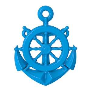 以下が含まれることがあります： 中央に船の舵輪が付いた青い錨。錨と舵輪はどちらも滑らかで堅牢な素材でできています。