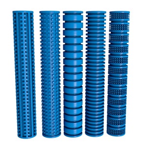 May include: Five blue foam rollers with different textures. The rollers are all the same size and shape, but have different patterns on their surfaces.