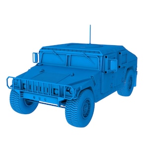 May include: A blue military-style vehicle with a flatbed and a roll cage. The vehicle has a large windshield and a set of side mirrors.