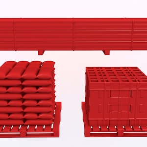 May include: Three pallets with different red goods. The top pallet has a stack of red planks. The middle pallet has a stack of red bags. The bottom pallet has a stack of red bricks.