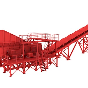 Könnte beinhalten: Ein roter industrieller Gesteinsbrecher mit einem Förderband. Der Brecher steht auf einer Plattform mit einem Metallrahmen und Treppen. Das Förderband wird von einem Metallrahmen getragen.