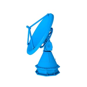 May include: A blue satellite dish antenna with a conical base. The dish is pointed upwards and the base is on the ground.
